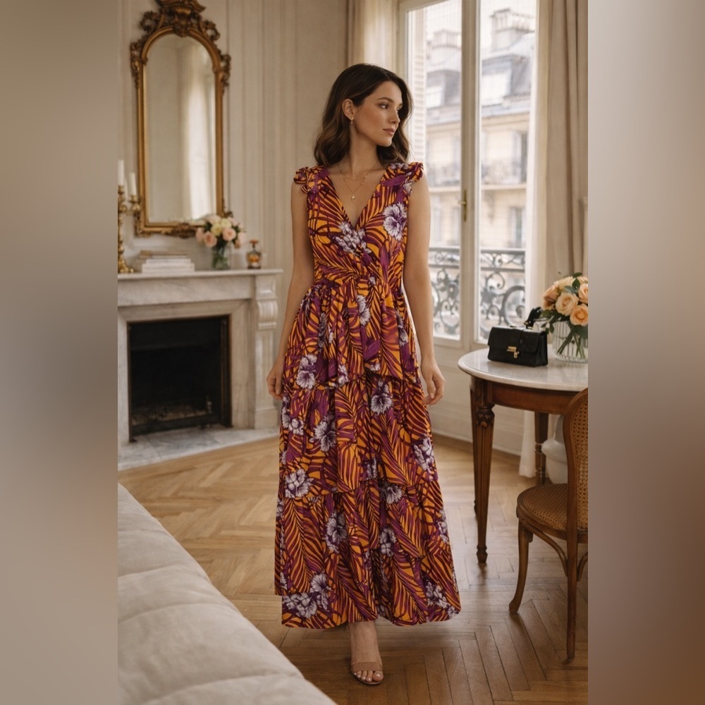 Antonella Tropical Floral Tiered Maxi Dress Ruffle Sleeves Tie Waist Medium